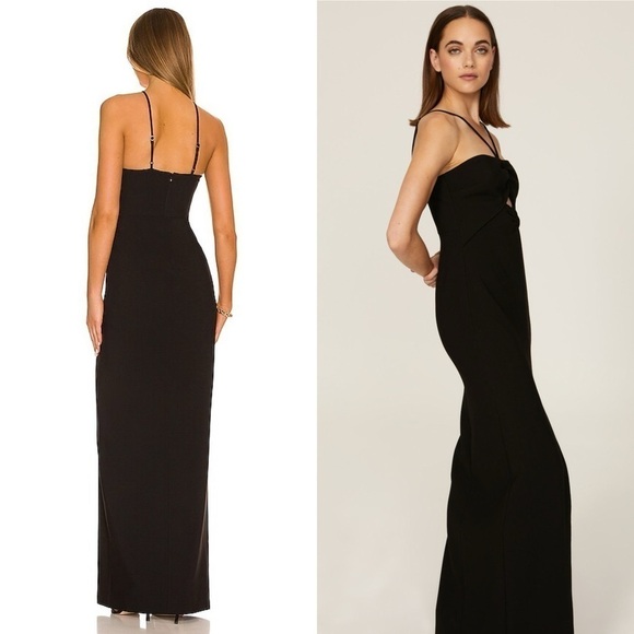 LIKELY Ruched Halter Neck Cutout Bodice Sleeveless Front Slit Column Maxi Gown 8 - Picture 6 of 9